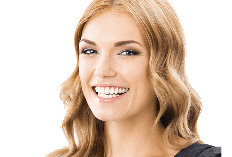 Smiling blonde woman with wavy hair, black top