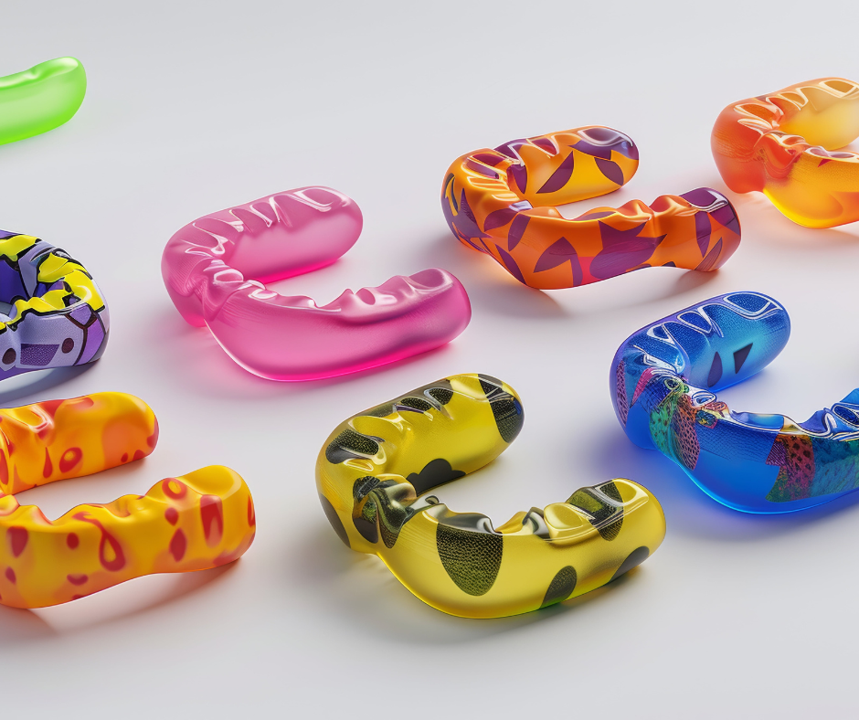 Colorful patterned transparent mouthguards on white
